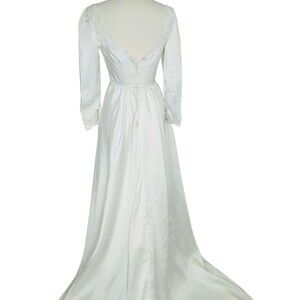 Vtg Alfred Angelo 1960s Ivory Wedding Dress Satin Sleeves Train  XS/0 32” Bust